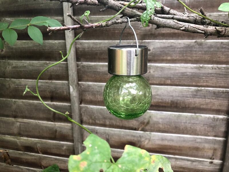Solar Hanging Lantern, Crackle-Glass Globe, Stainless Steel Cap